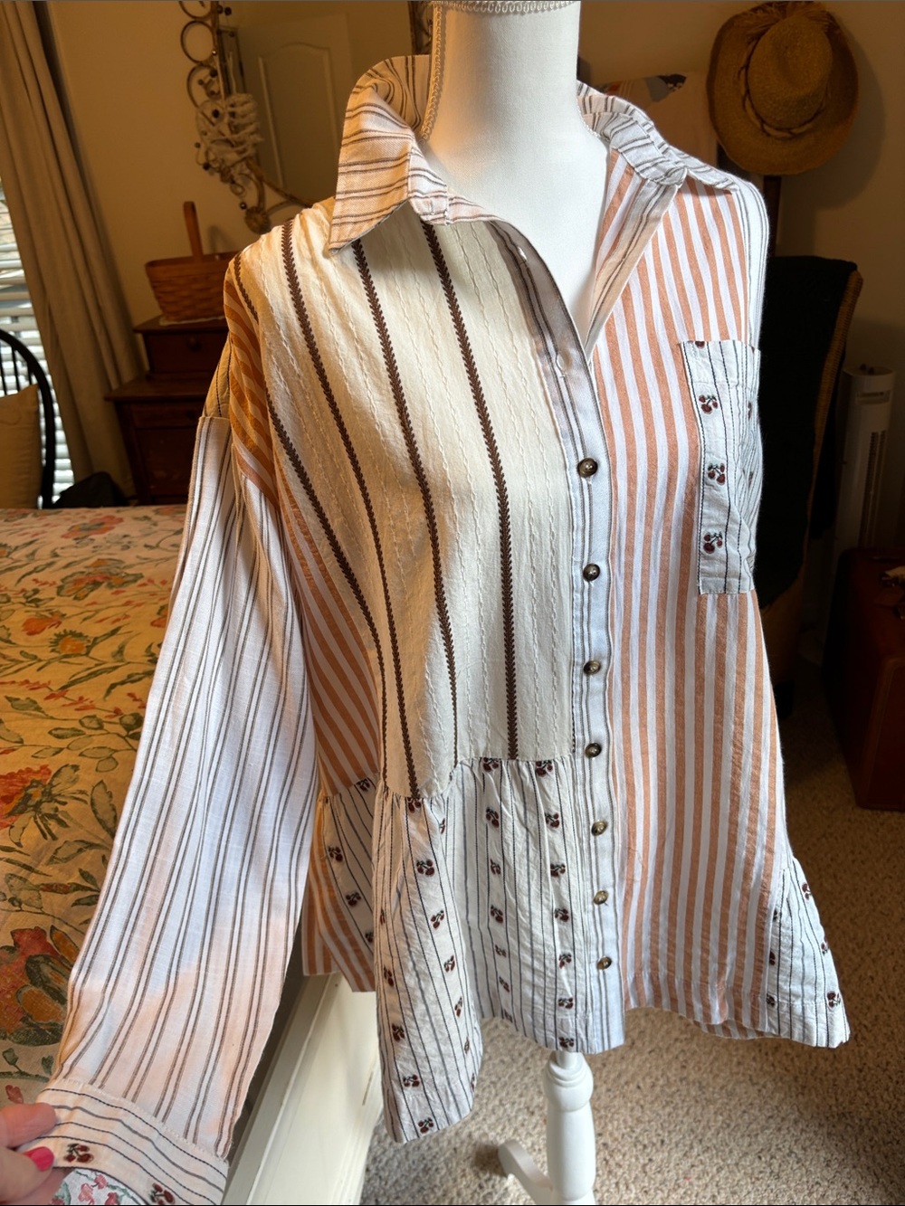 Striped Patchwork Button-Up Top in Cream & Tan